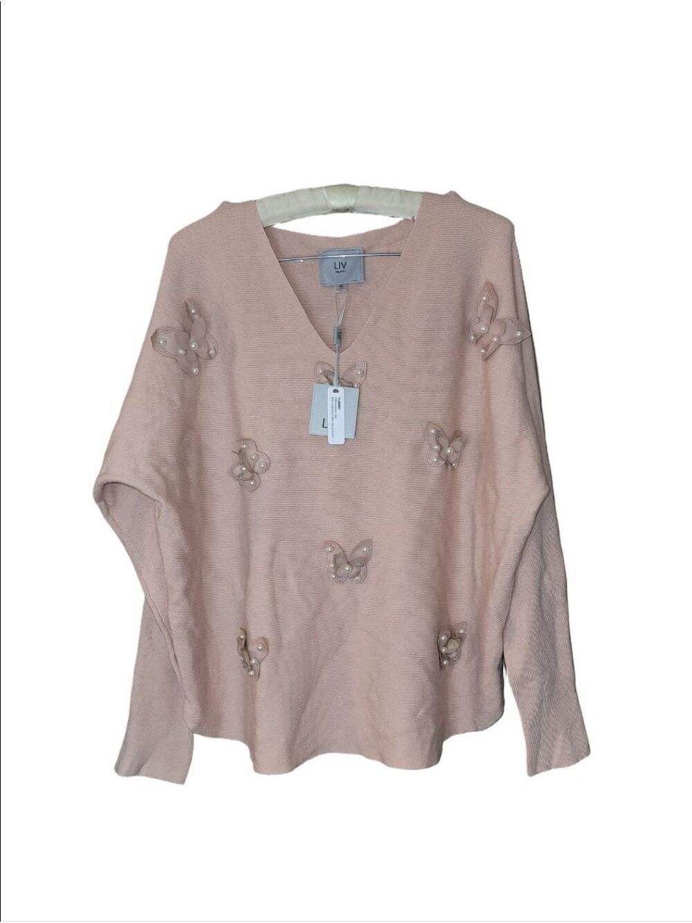 NWT Liv Milano Pink Sweater Butterfly Pearls Coquette Feminine Fairy XL